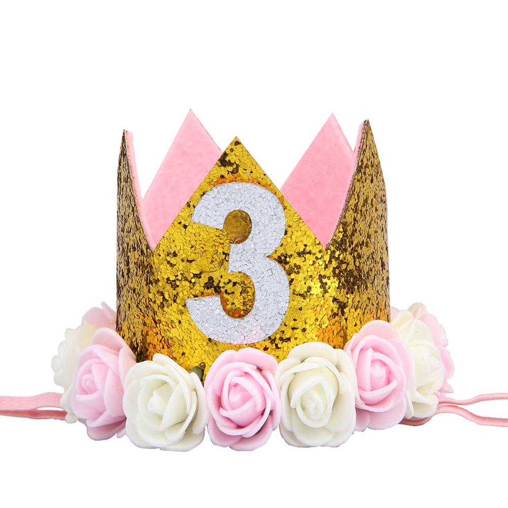 Cross-Border 1st Birthday Crown Headband: Princess Gold & Pink Party Accessory for Girls