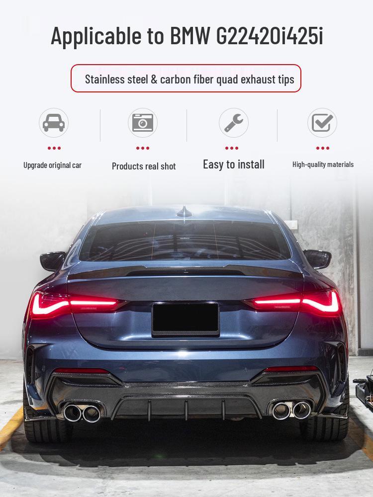 Stainless Steel & Black Carbon Fiber Quad Exhaust Pipes for BMW 4 Series (425, 430, G22, G26) - No Cutting/Welding Required