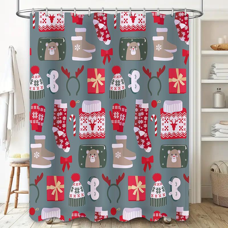 Christmas Shower Curtain Decorative Waterproof Christmas Gifts Xmas Candy Cane Pattern Bath Linen Home Decoration