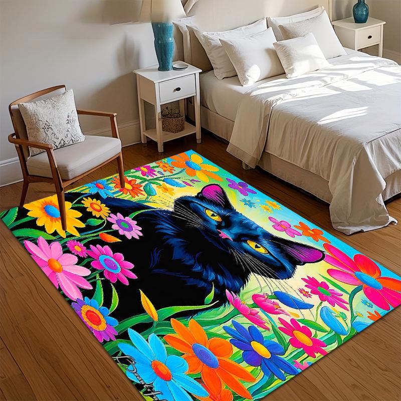 Artistic Area Rug Black Cat Floral Oil Painting Non Slip Floor Mat Flannel Carpet for Bathroom Kitchen Bedroom Home Decor Gift