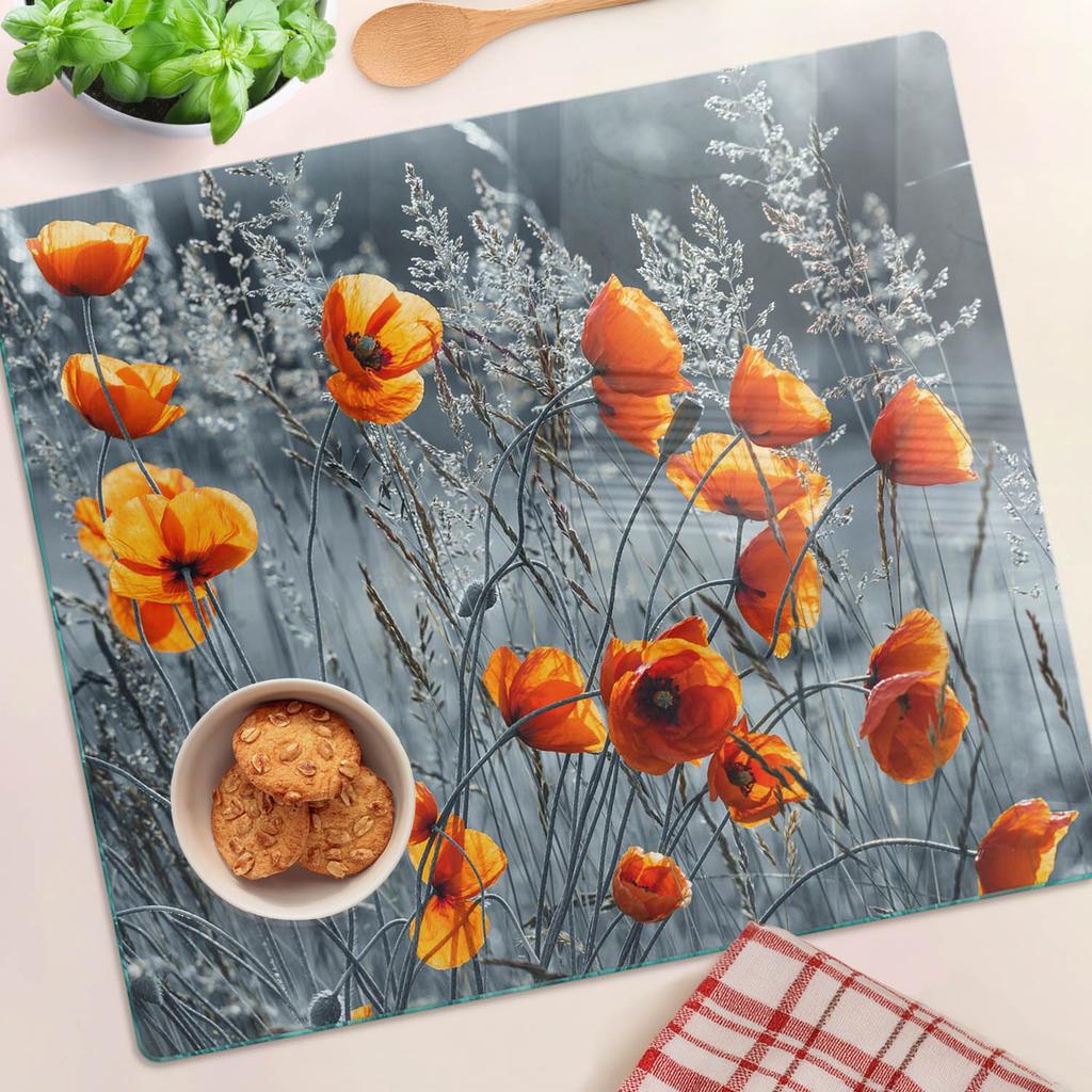 Multifunctional Decorative Glass Kitchen Board Poppy Field 60x52 cm