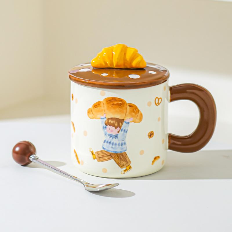Dessert Bread Boy Girl Ceramic Mug Couple Cup Water Cup with Lid Cute Cup Underglaze Color for Girls