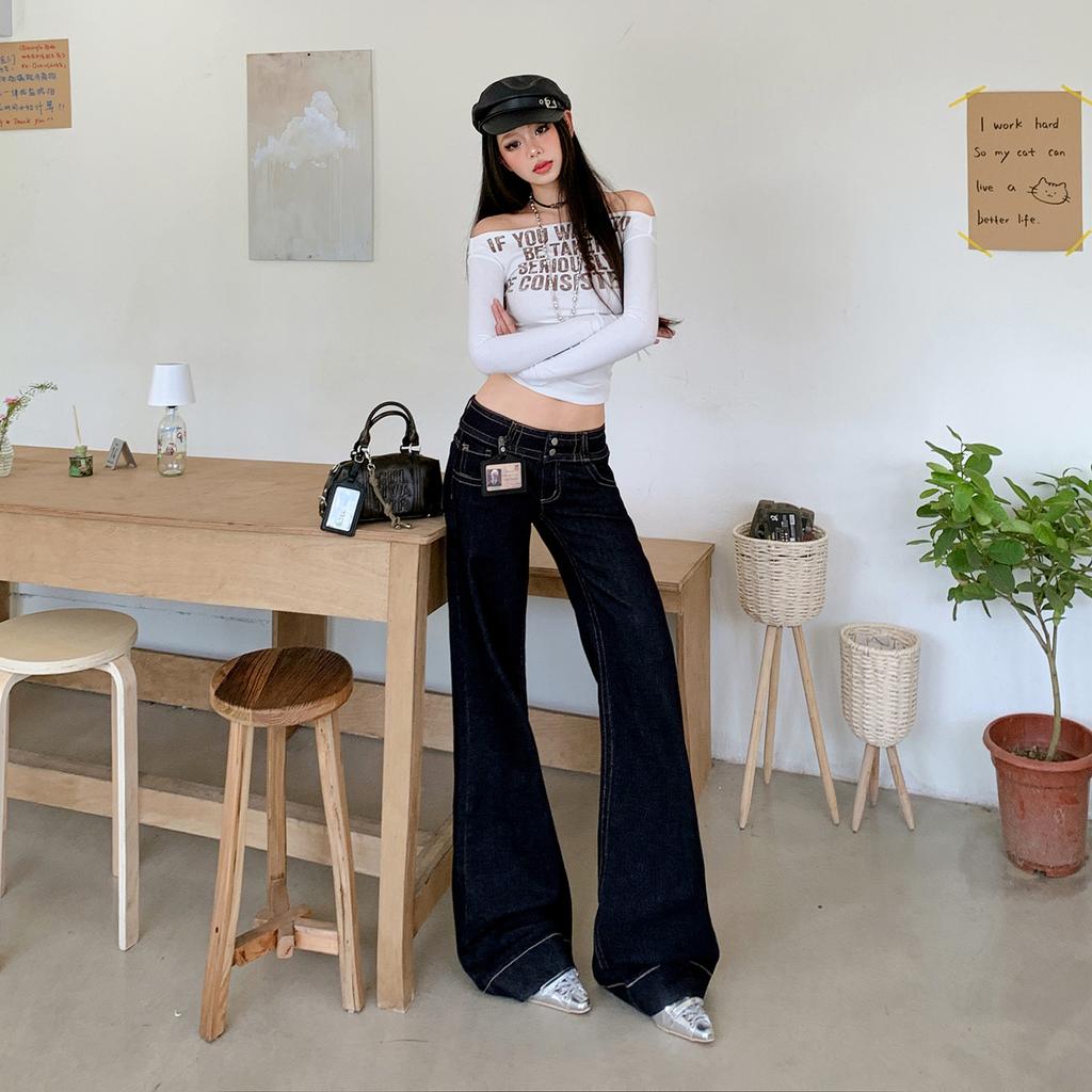 American double-button micro-pull jeans women's autumn and winter new low-rise loose wide-leg thin versatile flared pants