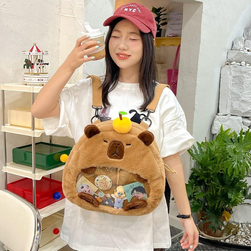 Cute Cartoon Capybara With Transparent Layer Can Hold Badge Plush Backpack