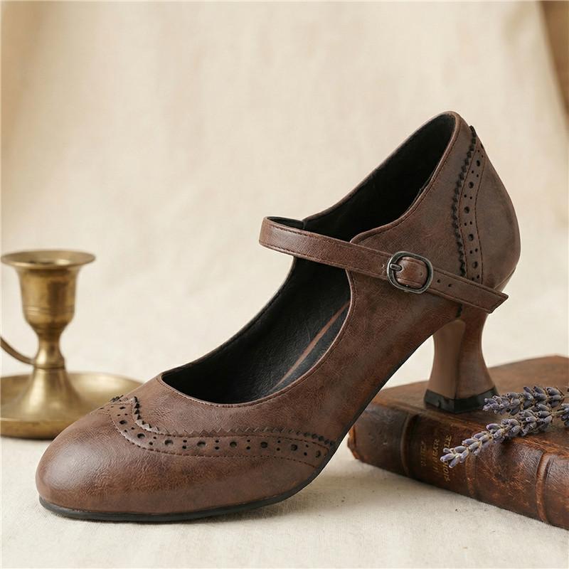 Dames hoge hakken lente en zomer nieuwe dunne hak retro gesp lichte mond enkele schoenen grote maat lage schoenen