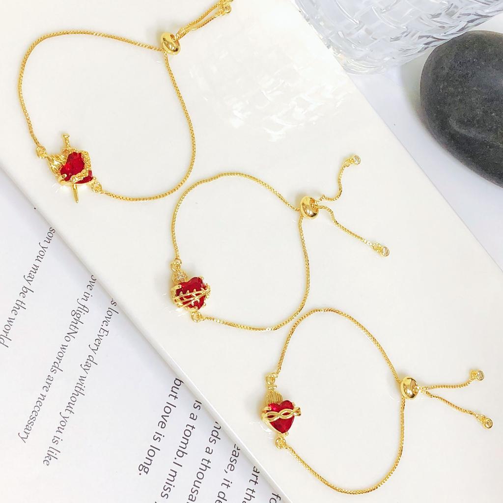 Delicate 4 Style Sacred Red Crystal Heart Charm Bracelets For Women Adjustable Shiny CZ Party Jewelry Female Religion Gift