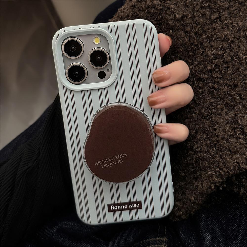 High-end Sense Ins Striped Iphone16 Phone Case Apple 17 Retro Brown Stand 15pro Max Suitable for 13 Soft