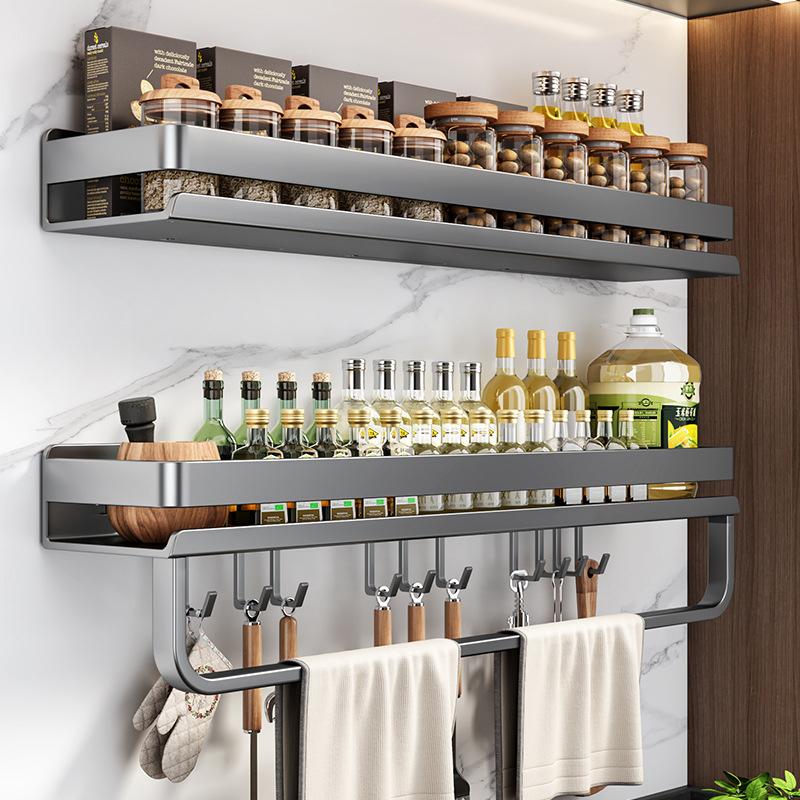 Estante de Cocina de Doble Piso de 40 cm Montado en la Pared Estante para Botellas de Condimentos de Acero al Carbono Multifuncional Estante para Trapos y Toallas, Gancho para Utensilios de Cocina