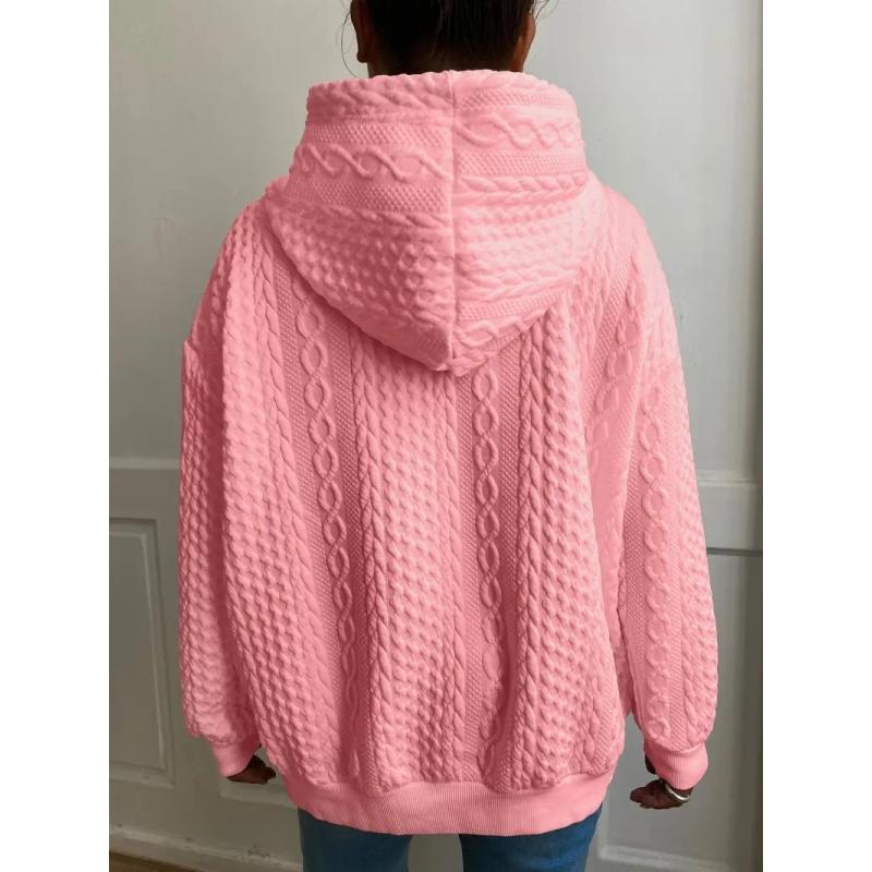 Women's Casual Top, Solid Color Textured Long Sleeve Drawstring Loungewear Hoodie