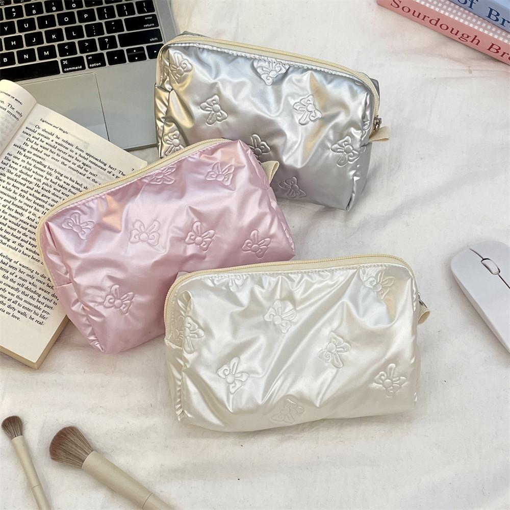 Trendy Heart Pattern Cosmetic Pouch With Butterfly Bow Design For Womens Travel Accessories