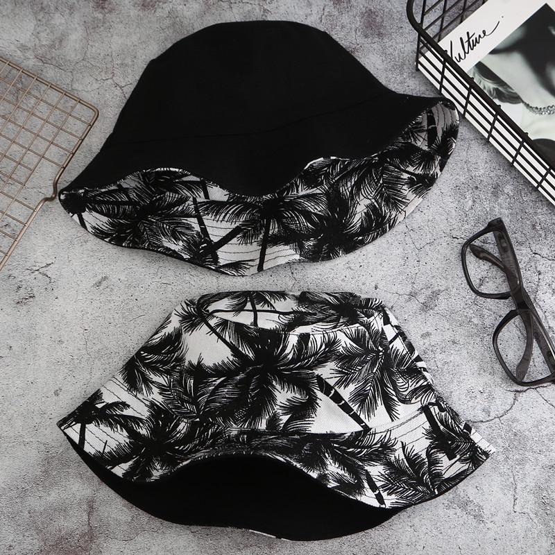 Bavlnený letný rybársky slnečný klobúk unisex obojstranná potlač čierna kokosová palma outdoor pláž cestovanie slnečná clona turistický klobúk