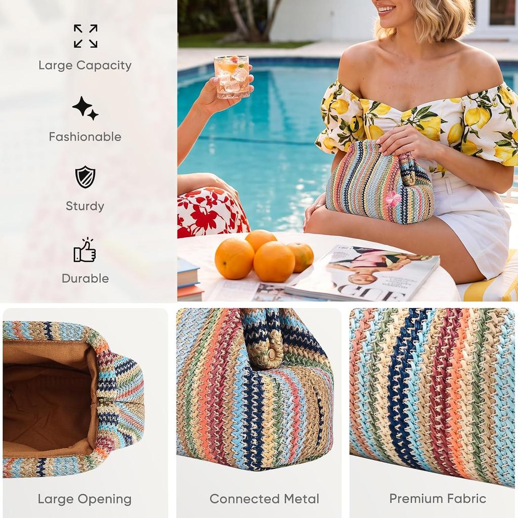 Woven Clutch Purses for Women, Summer Beach Crochet Striped Dumpling Bag Evening Handbag with Romantic Lucky Clover