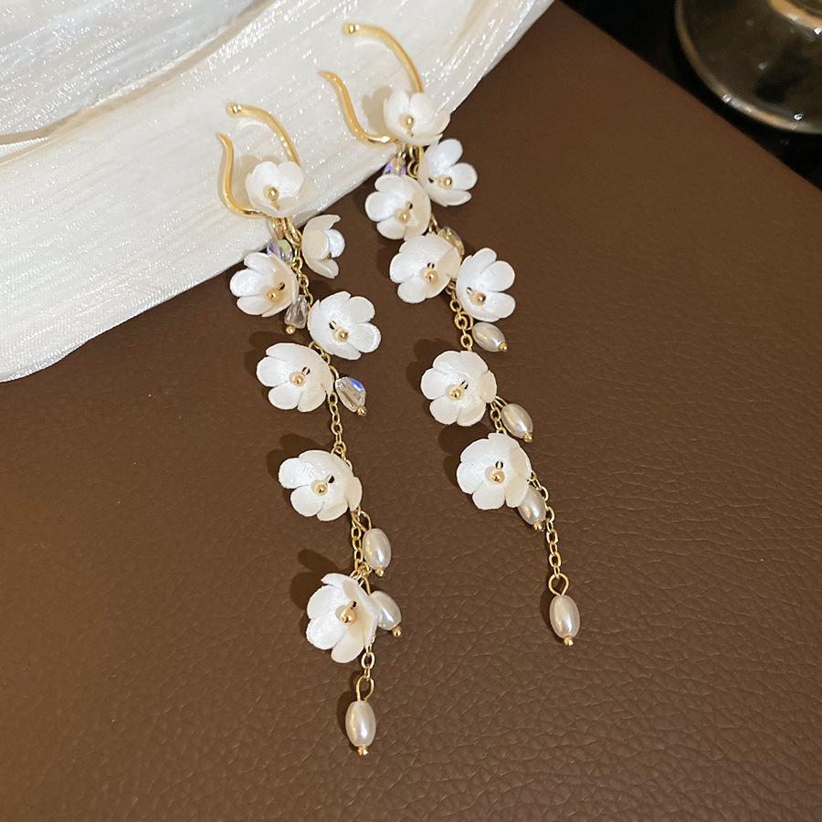 Fabric Flower Tassel Pearl Ear Cuff Summer Vacation Style Earrings