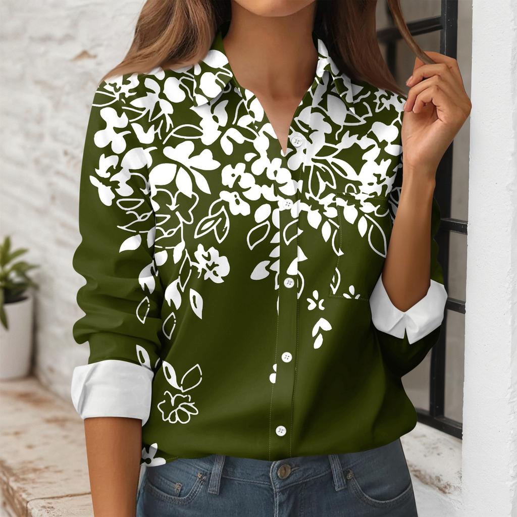 Women's Button Down Prints Shirt Long Sleeve Shirt Business Work Tops Casual With Pockets Jacket