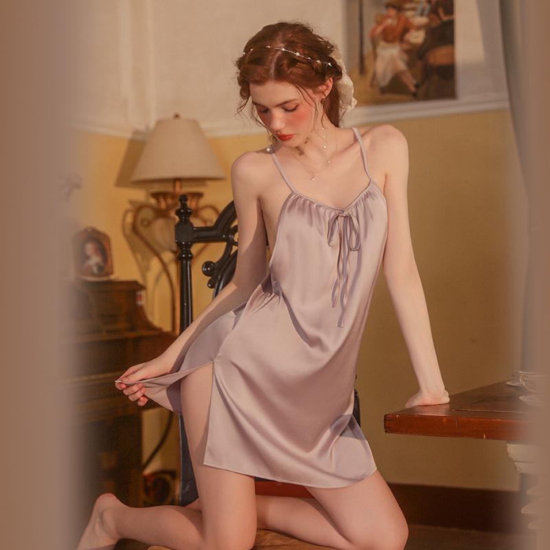 Pijama sexy para mujer, primavera y verano, color liso, fino, con cuello halter y espalda descubierta, vestido de seda con cuello en V para mujer