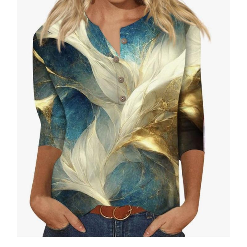 Button V-neck 3D Printed Top Fashionable Casual Long Sleeved Women's T-shirts