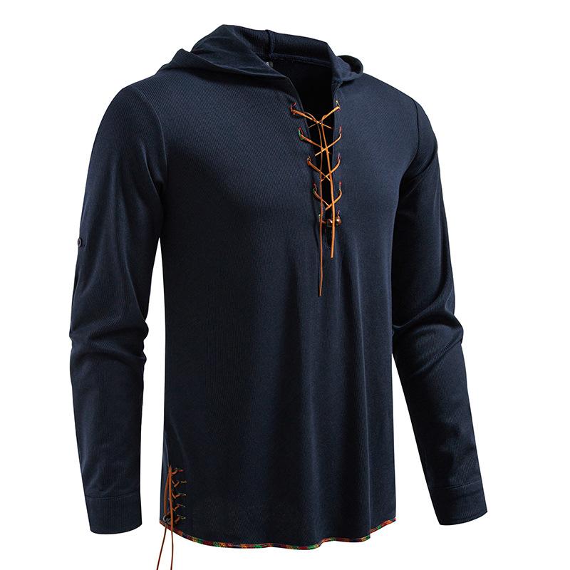 Men's Lace-Up Hooded T-Shirt Casual Retro Top for Men Spring Autumn Fashion Adjustable Sleeve Multi-Color Male Blouse