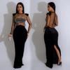 Women's Mesh Hot Drilling Long Sleeve Long Skirt Dress