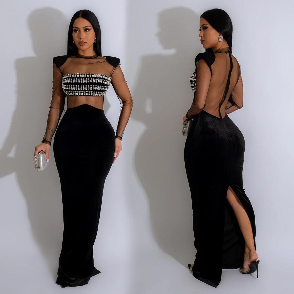 Women's Mesh Hot Drilling Long Sleeve Long Skirt Dress