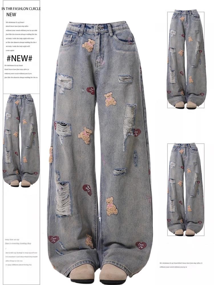 Women s Retro High-Waisted Embroidered Ripped Jeans - Autumn Collection, Comfortable Slim Fit, Loose Wide-Leg. 4XL