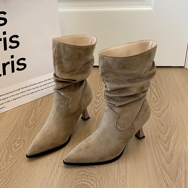 Thick Leg Boots Women's Large Tube Circumferential Suede Stacking Boots High Heel Martin Boots Stiletto Short Boots Large Size Women's Shoes