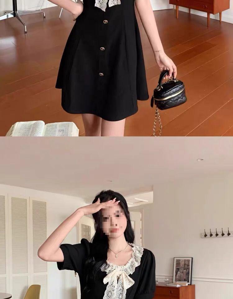 Lace Bow Puff Sleeve Contrast Button-Up A-Line Dress - Women's Slimming Summer Style