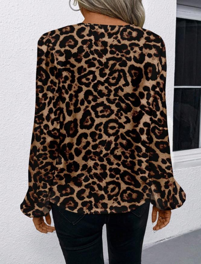 2025 European & American V-neck Long Sleeve Printed Casual Shirt for Women - Spring/Autumn