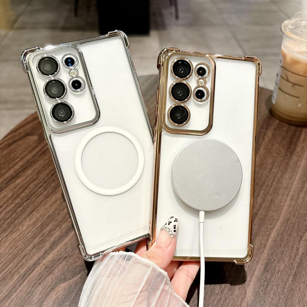 Suitable for Samsung S25 Ultra Mobile Phone Case Four Corner Airbag Anti Fall Magnetic Charging S24 Transparent Electroplated Hard Shell 23F
