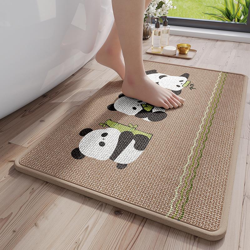 Cartoon Print Linen Bath Mat - Non-Slip Bathroom Rug with Woven Texture, Quick Dry & Machine Washable, Rubber Backing Design
