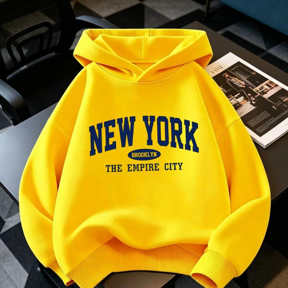 New York Letter Print Casual Style for Boys and Girls Children's Fashionable Hoodie Loose Fit, Geometric Pattern Warm Sweatshirt