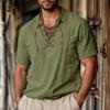 Summer Men's Cotton Linen 100% Shirt Solid Color Lace-up Turn-down Collar Shirt  Linen Shirt Top