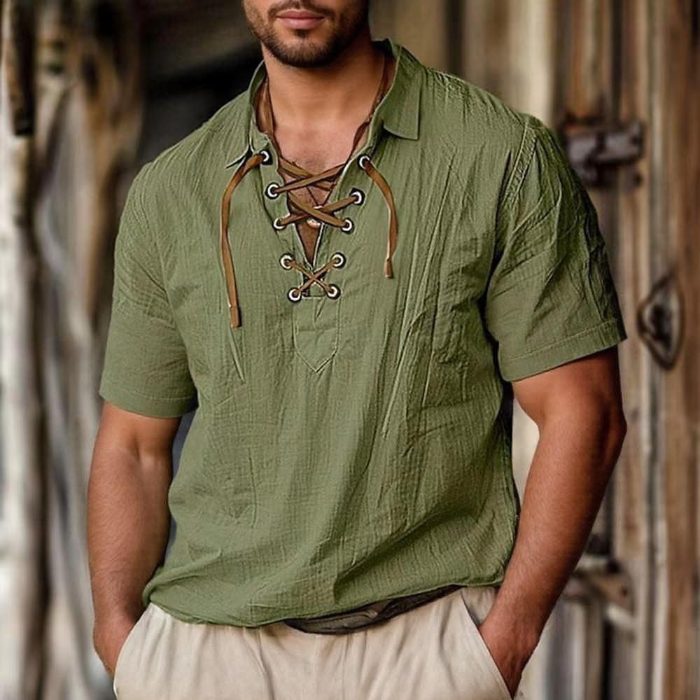 Men's Linen Shirts Long and Short Sleeved Lace Up V Neck Casual Blouse Spring Summer Thin Front Tees Tops Breathable Men Clothing