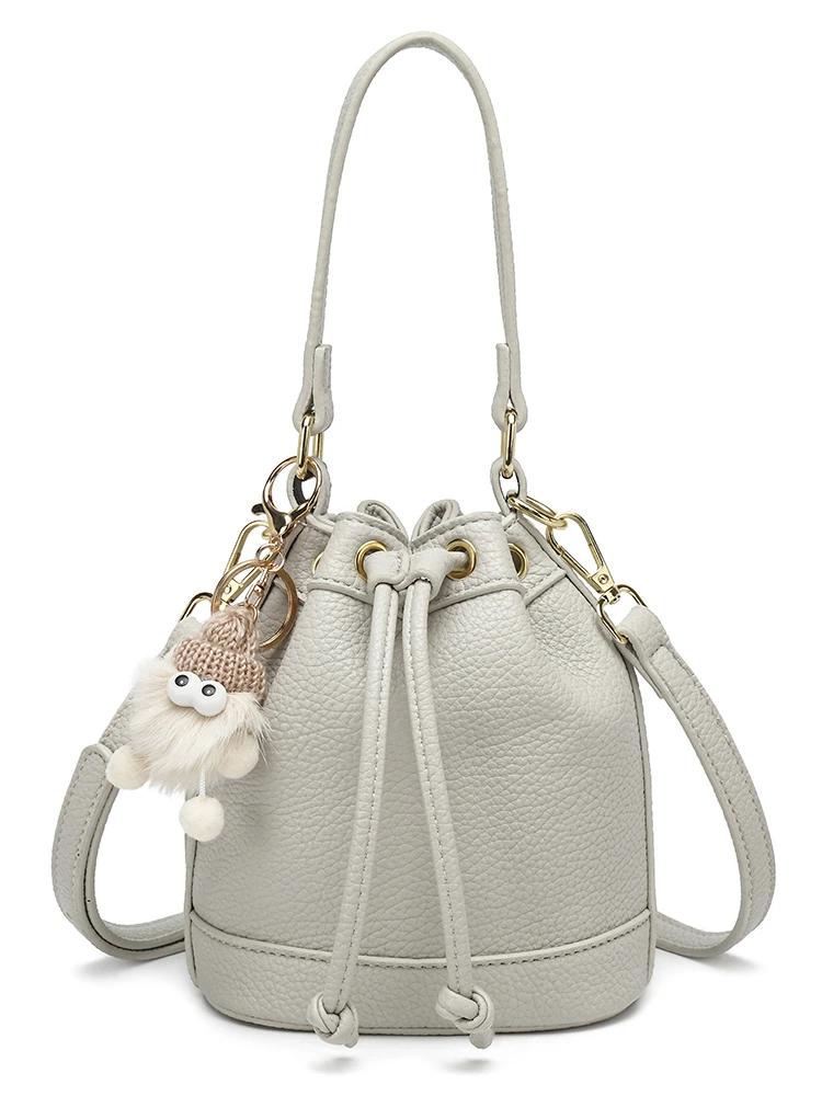 Solid PU Sweet Advanced Sense Niche Design Bucket Bag Casual Large Capacity Versatile Drawstring Women's Handbags