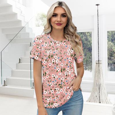 Women Summer T-shirt Round Neck Short Sleeve Loose Fit Tee Shirt Floral Print Regular Fit Pullover Tops