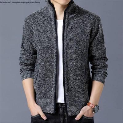 Men's Warm Fleece-Lined Zip Cardigan Sweater - Solid Color, Stand Collar, Plus Size, Casual Winter Wear.