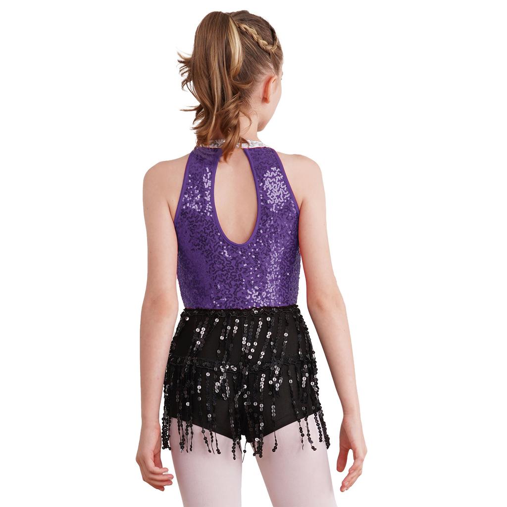 Girls Sequin Dance Dress Sleeveless Back Keyhole Boyshorts Sequin Tassel One Piece Latin Jazz Outfit