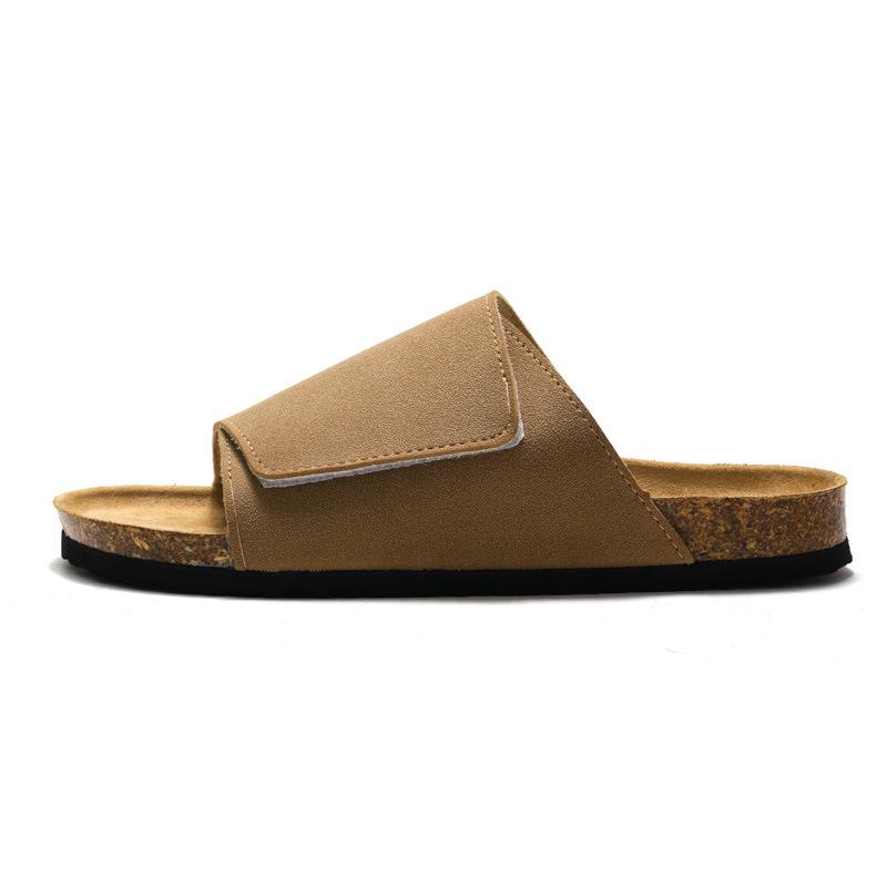 Ruizu Men's Cork Slippers: Trendy Frosted Leather Flip Flops for Beach or Casual Wear.