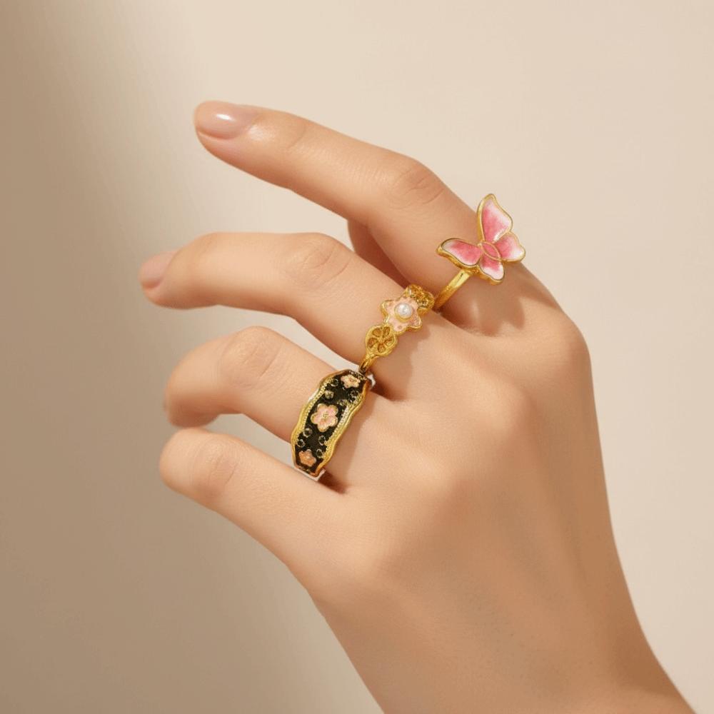 7Pcs/Set Camellia Flower Enamel Finger Rings Butterfly Irregular Rings Flower Ring Set  Jewelry