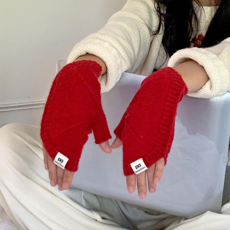 DX Winter Shell Half Knitted Gloves Female Cute Winter Dew Finger Half Finger Gloves Student Wool Warm Gloves Wholesale