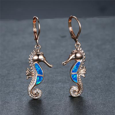 Cute Female Sea Horse Hoop Earring White Blue Opal Stone Animal Jewelry Rose Gold  Color Wedding Earrings For Women