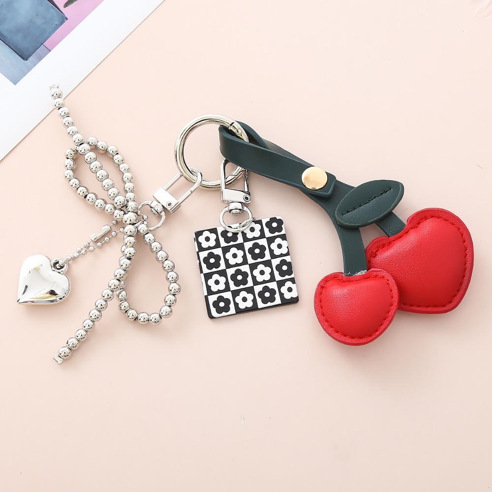 Heart Buckle Cherry Keychain Bowknot Fruit Style Charms Leather Cherry Pendant  Birthday Gift