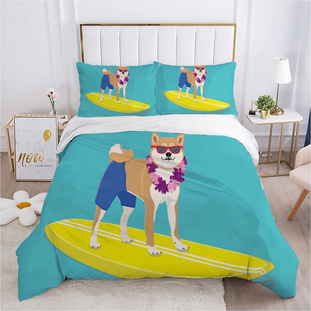 

Комплект постельного белья с изображением мультяшного сиба-ину King Queen, желтый пододеяльник с изображением щенка и цветущей вишни, покрывало из полиэстера EU single(135x200cm)