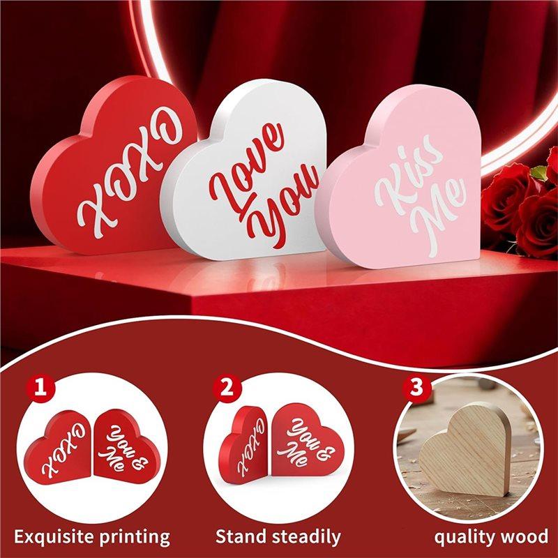 ABBP-Home Decor, 3-Piece Double-Sided Printed Wooden Heart-Shaped Ornament, Romantic Valentine's Day Decoration.