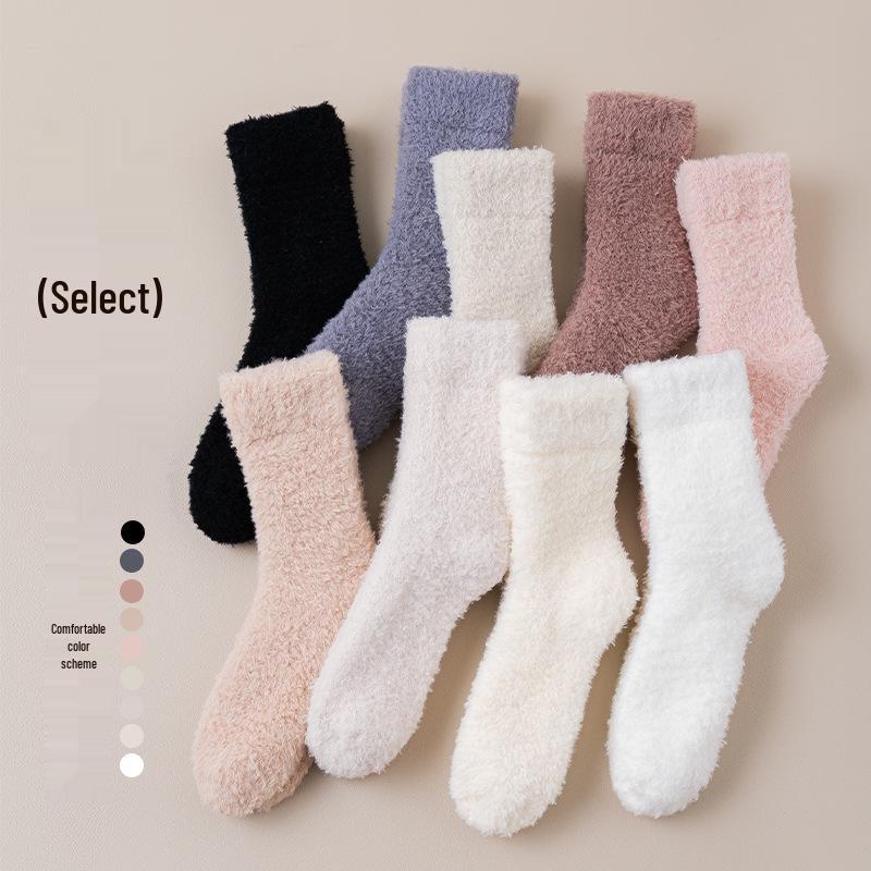 Coral Velvet Women's Mid-Calf Socks: Thick, Non-Shedding, Fleece-Lined for Autumn/Winter Warmth, Ideal for Sleep, Postpartum, and Home Use