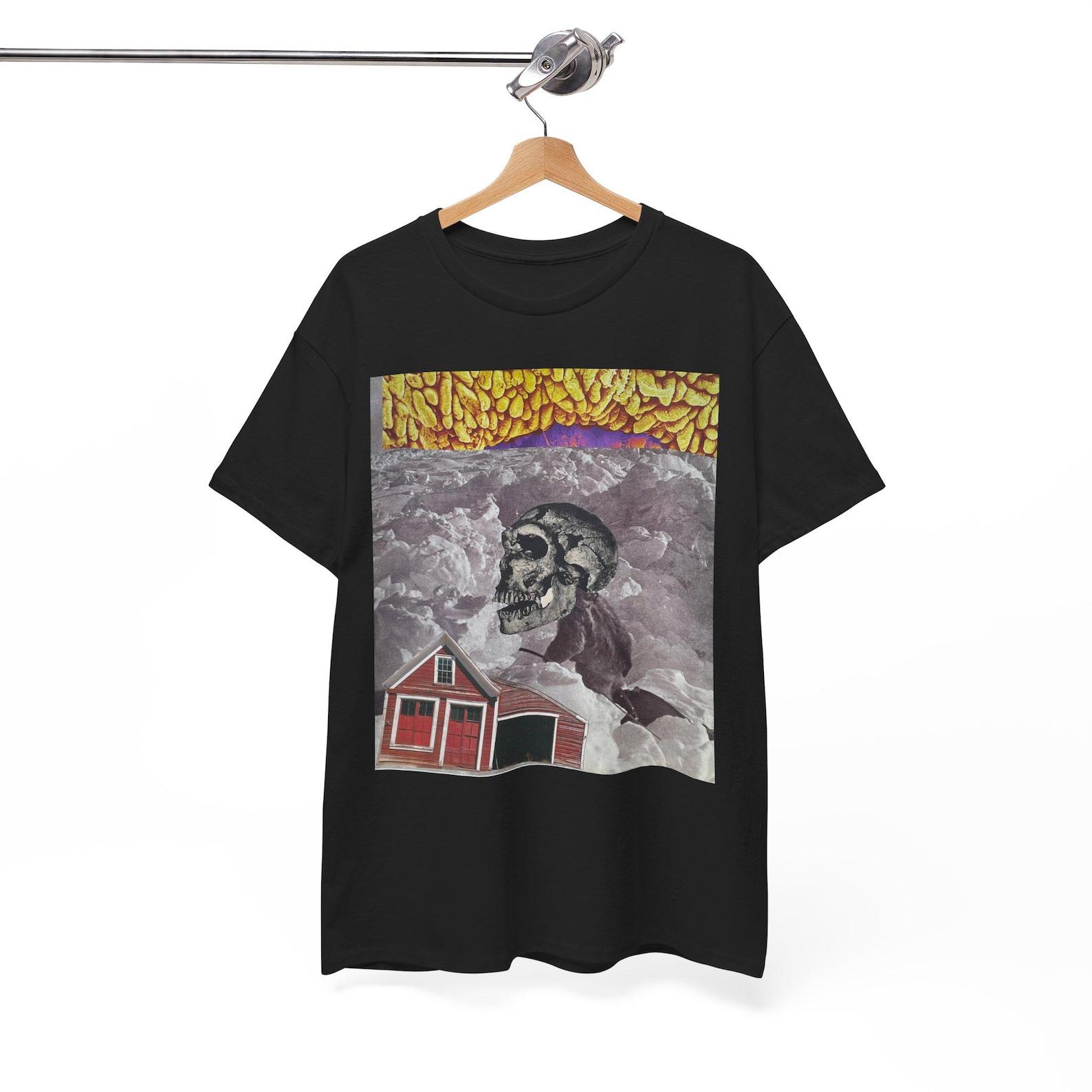 Rust House Skullscape | Surreal Collage Art Graphic T Shirt | Vintage Skull Tee | Abstract Photo Collage Shirt | Unisex Cotton Tee L