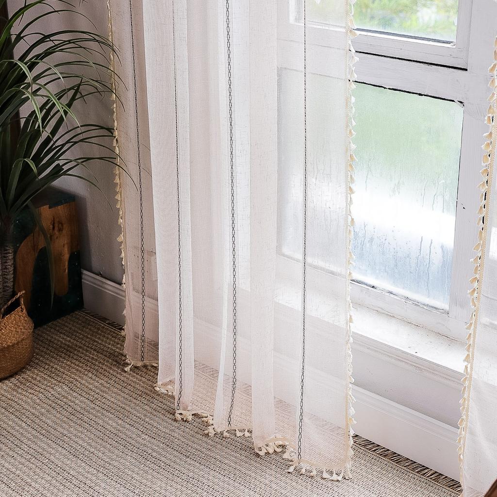 Curtain Finished Living Room Bedroom Decoration American Rod Pocket Stripe Three-Dimensional White Window Screen Curtain