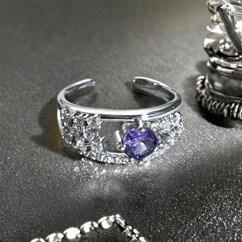 Purple Zircon Colored Treasure Honeycomb Open Ring Women S Light Luxury Hollow Nine Purple Fire Retro Ring Adjustable opening