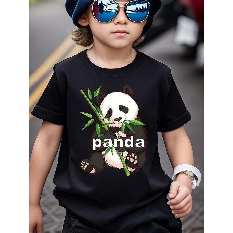 

European Size Boys Round Neck Short Sleeved Shirt with Panda Cartoon Pattern 98cm чёрный