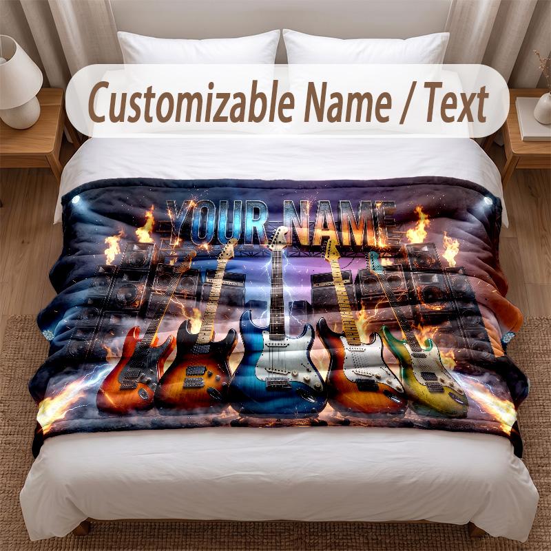 Music Guitar Theme Soft Blanket Personalized Custom Name Text Print Warm Blanket Home Sofa Bedroom Decor