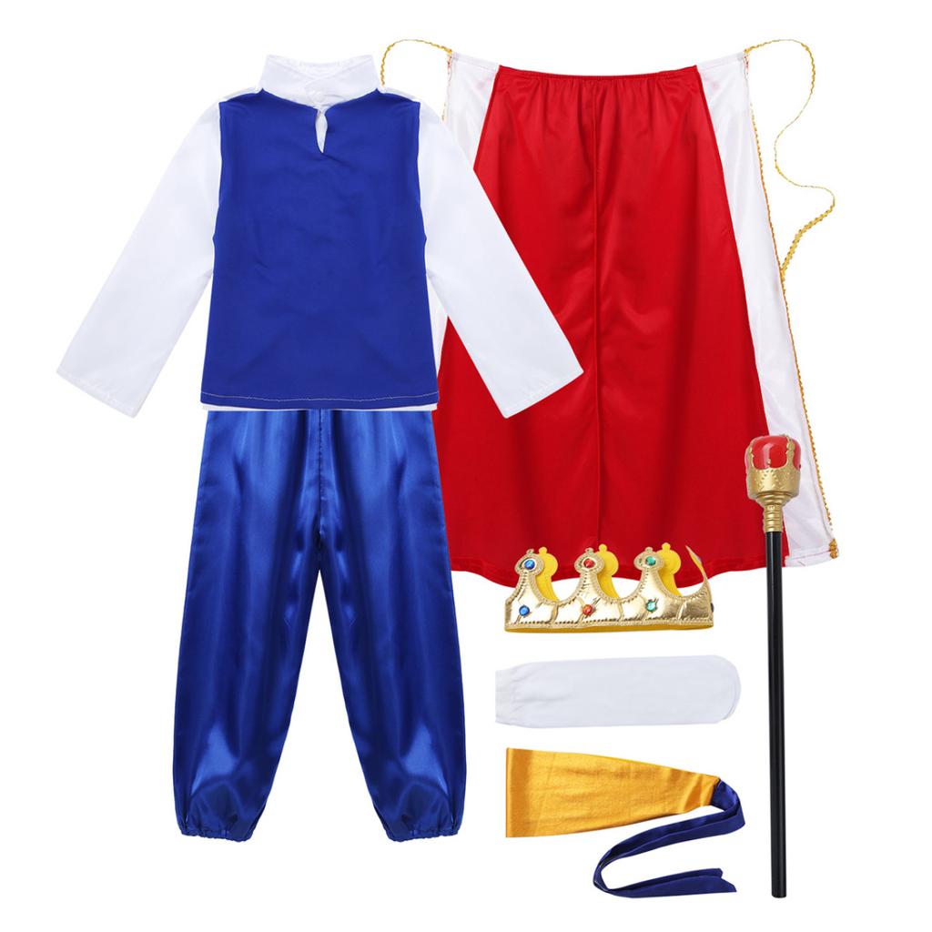 Costume Cosplay da Re Medievale per Bambini Ragazzi Outfit Top con Pantaloni Cintura Mantello Fascia Bastone Calzini Set per Halloween Travestimento
